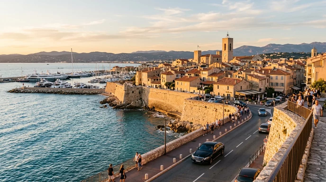 The honey-coloured ramparts of Old Antibes above the Mediterranean with Port Vauban yachts