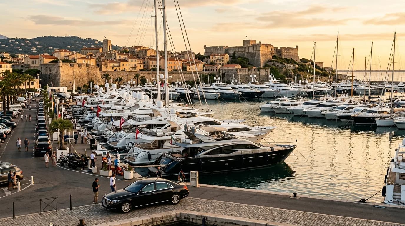 Superyachts moored at Port Vauban in Antibes with Fort Carré and the old town behind