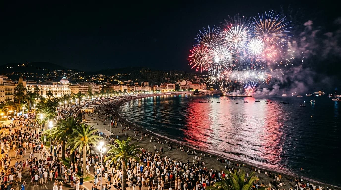 Bastille Day fireworks over the Baie des Anges in Nice with the lit Promenade and crowds