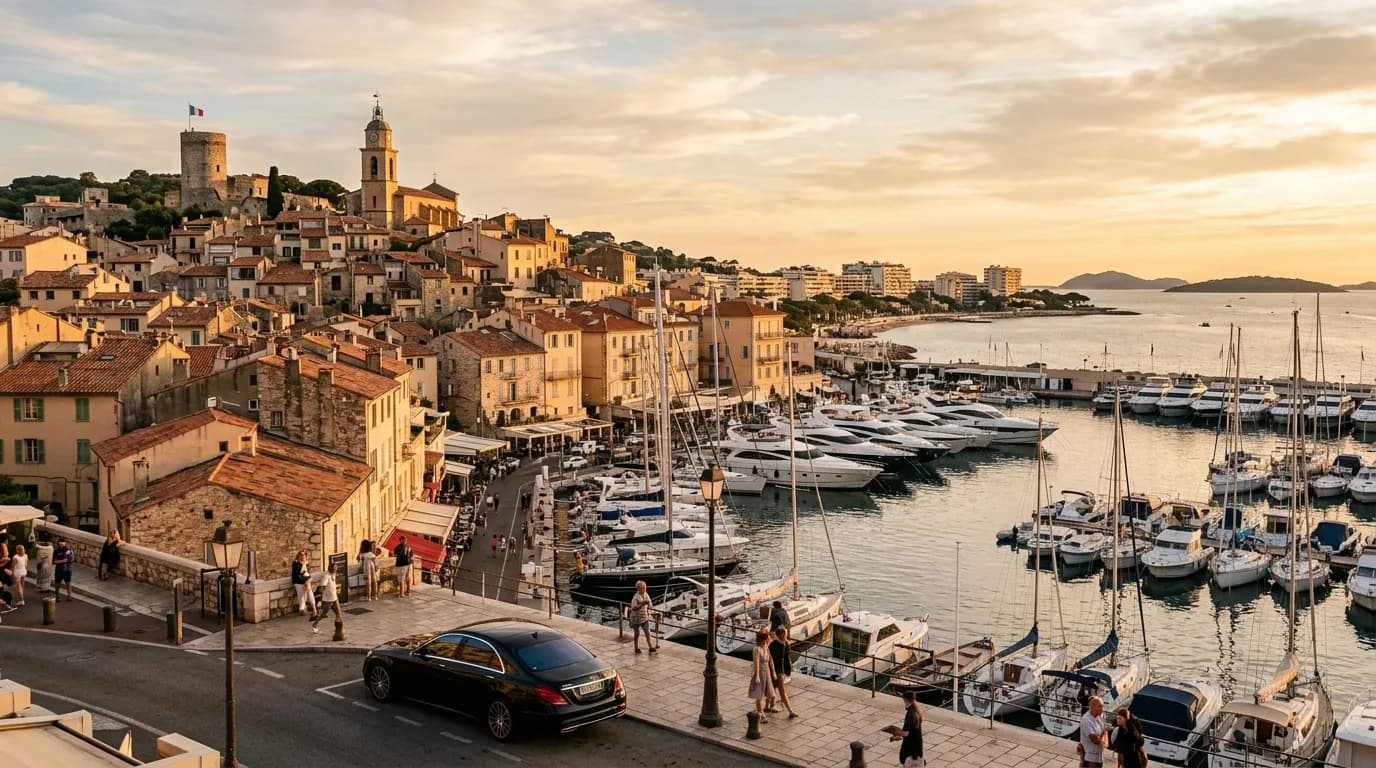 View over the old port of Cannes and Le Suquet hill with yachts at golden hour