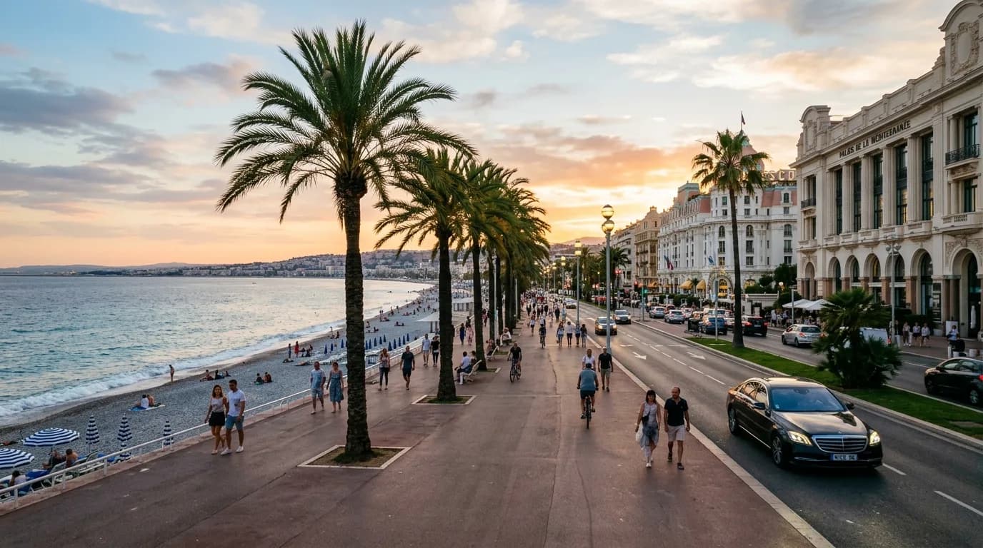 The Promenade des Anglais in Nice at golden hour with palm trees and the Baie des Anges