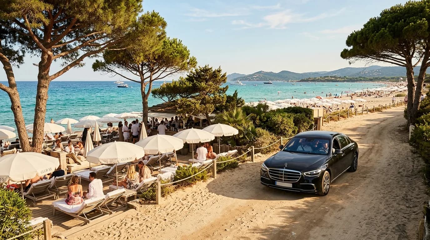 A beach club at Pampelonne near Saint-Tropez with turquoise sea and parasol pines