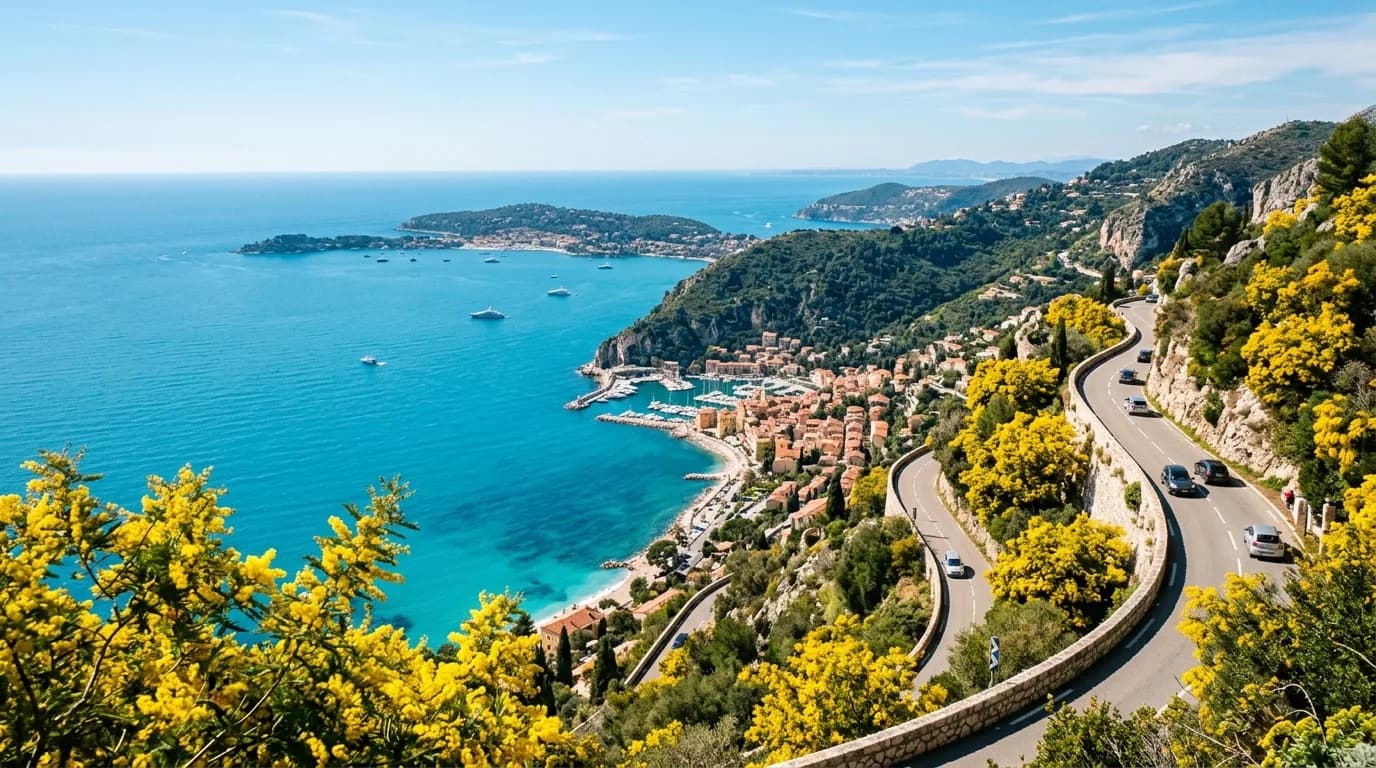 A panoramic view of the French Riviera coast in spring with mimosa and the turquoise sea
