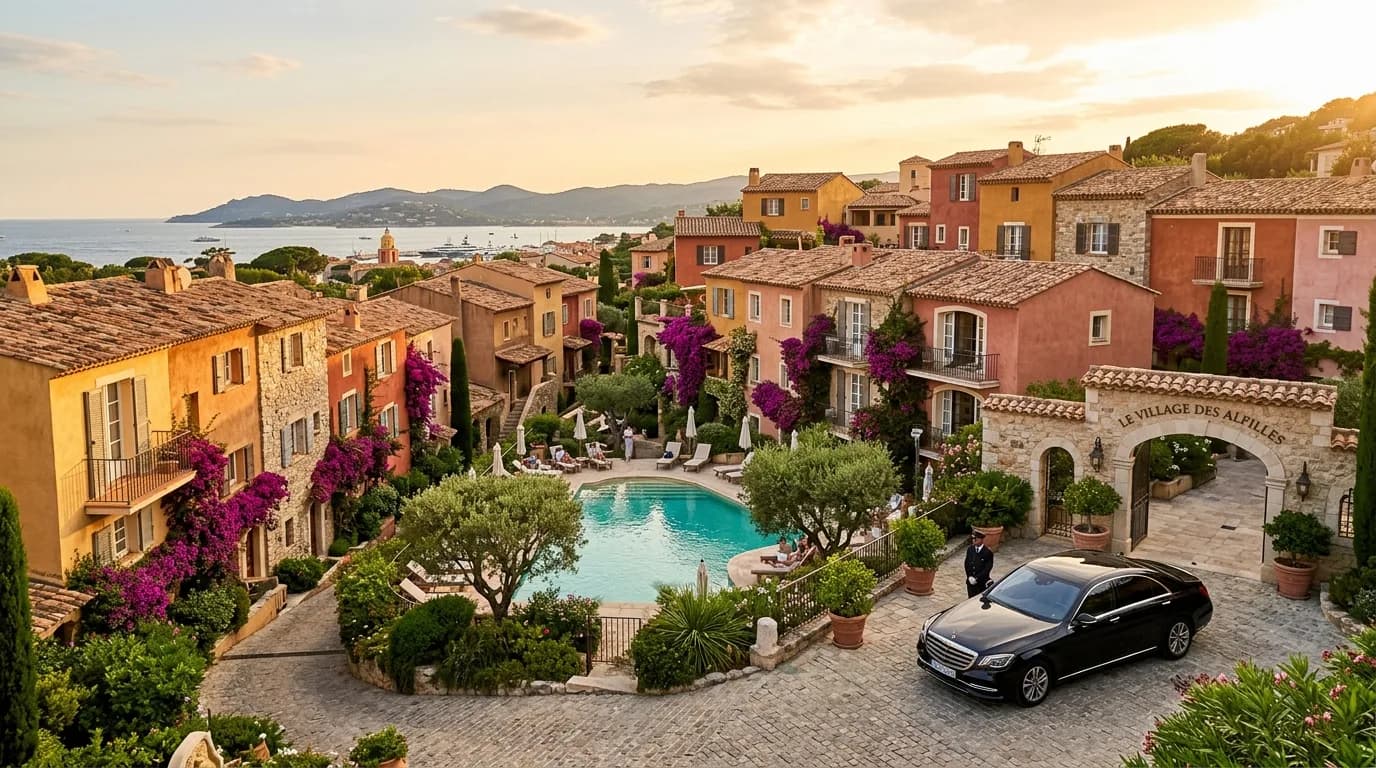 A luxury hotel built like a colourful Provençal village with a pool in Saint-Tropez