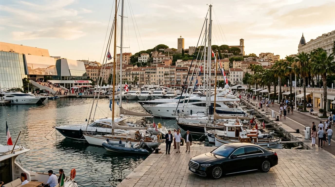 Yachts in the Vieux Port of Cannes with the Palais des Festivals and Le Suquet old town behind