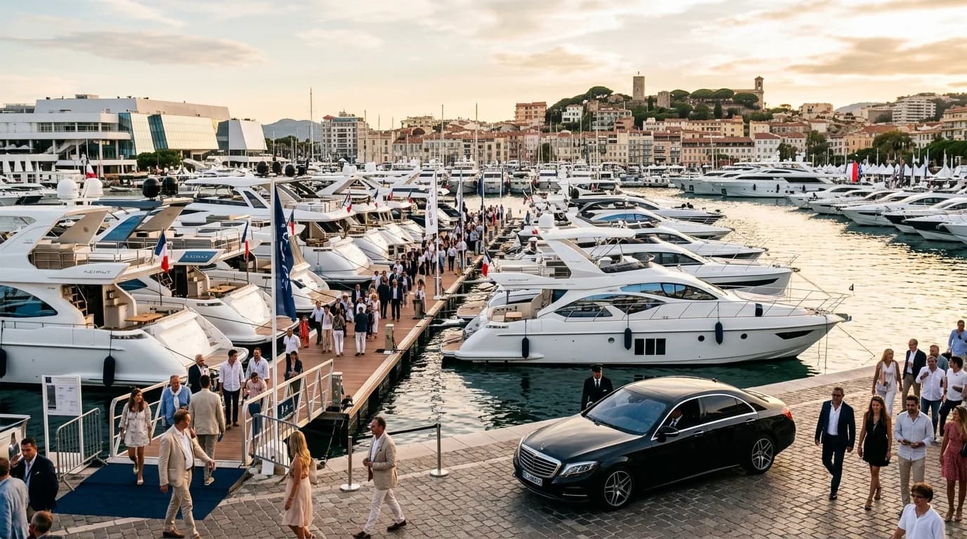 New yachts and crowds at the Cannes Yachting Festival in the Vieux Port with the Palais behind