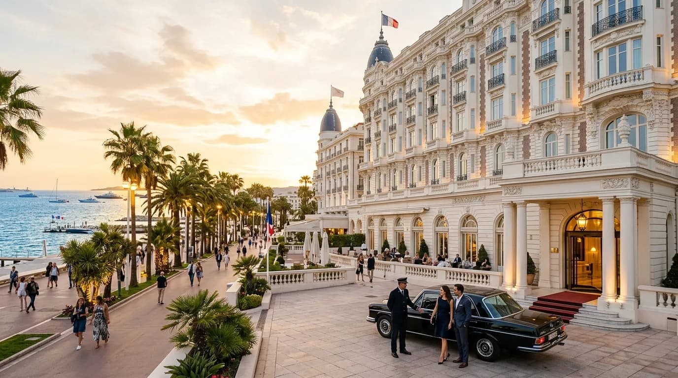 A grand Belle Époque hotel with twin domes on the Croisette in Cannes at golden hour