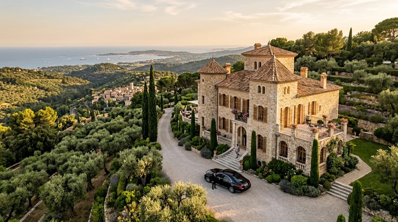 A stone Provençal château hotel among olive groves in the hills above Vence with a sea view