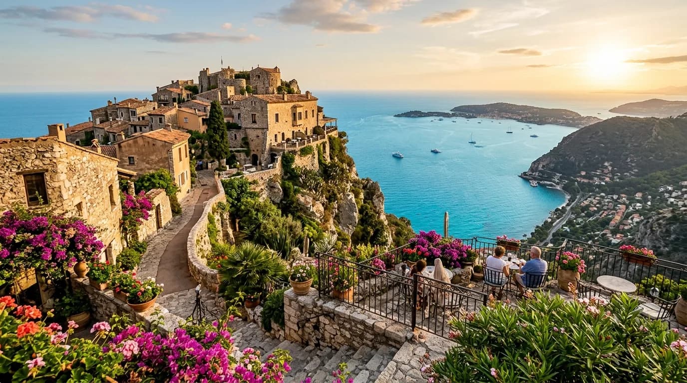 A stone hilltop hotel terrace in the perched village of Èze high above the sea