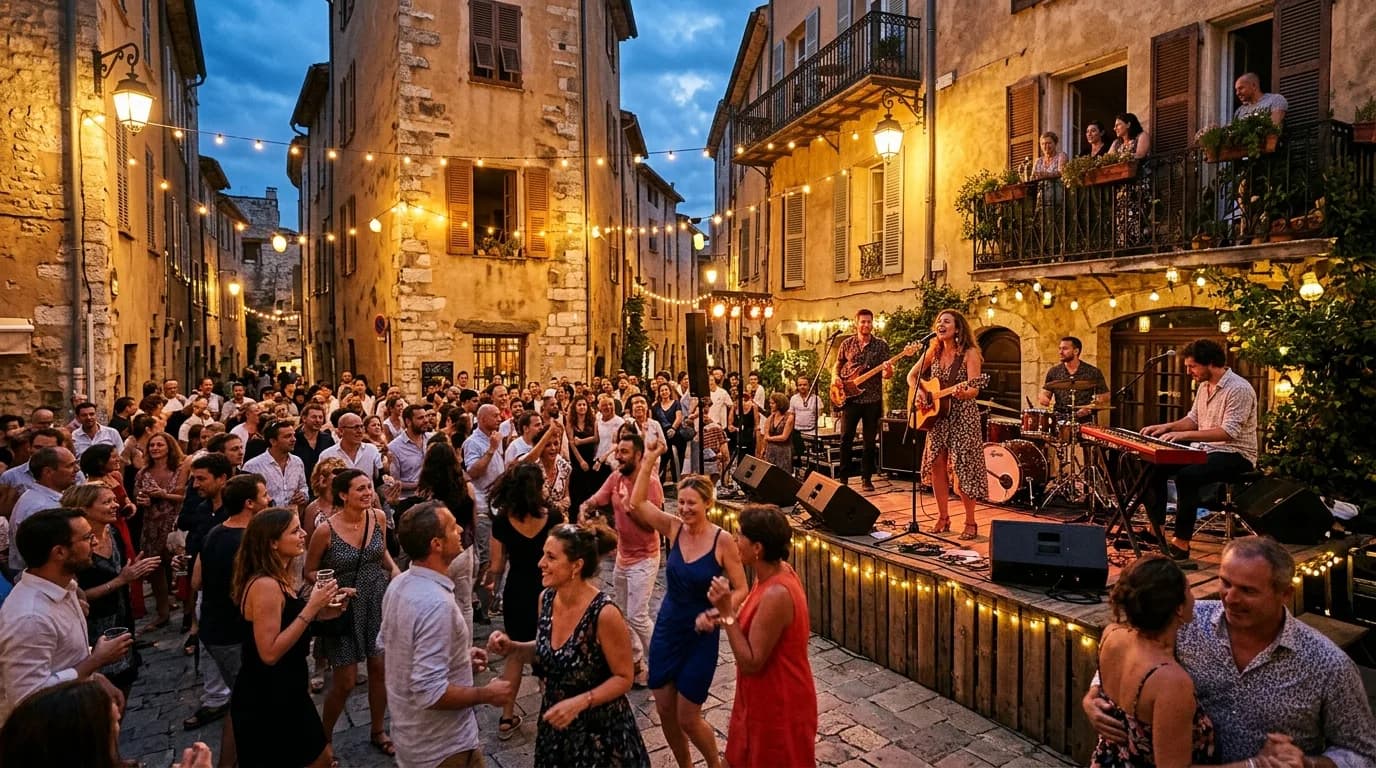 A lively evening street music festival in a Riviera old town square with a band and crowd