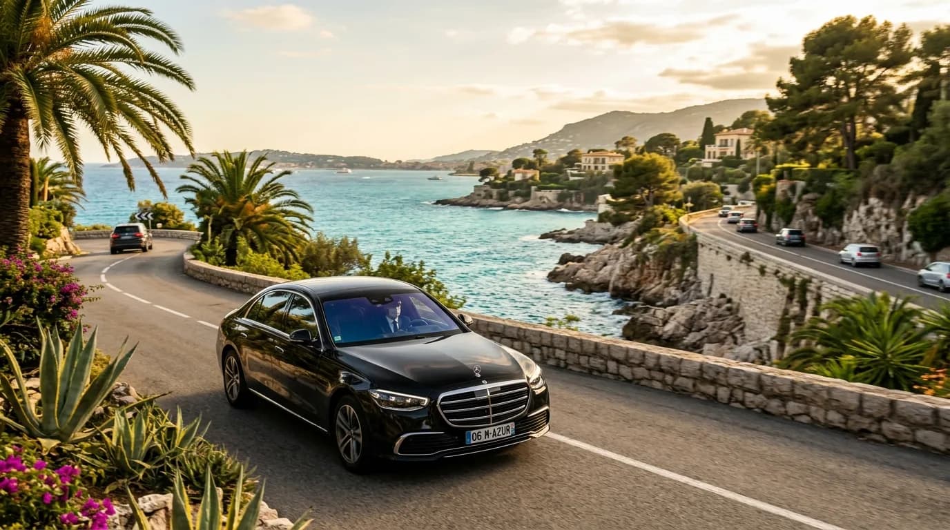 A black luxury chauffeur car on a scenic French Riviera coastal road above the sea