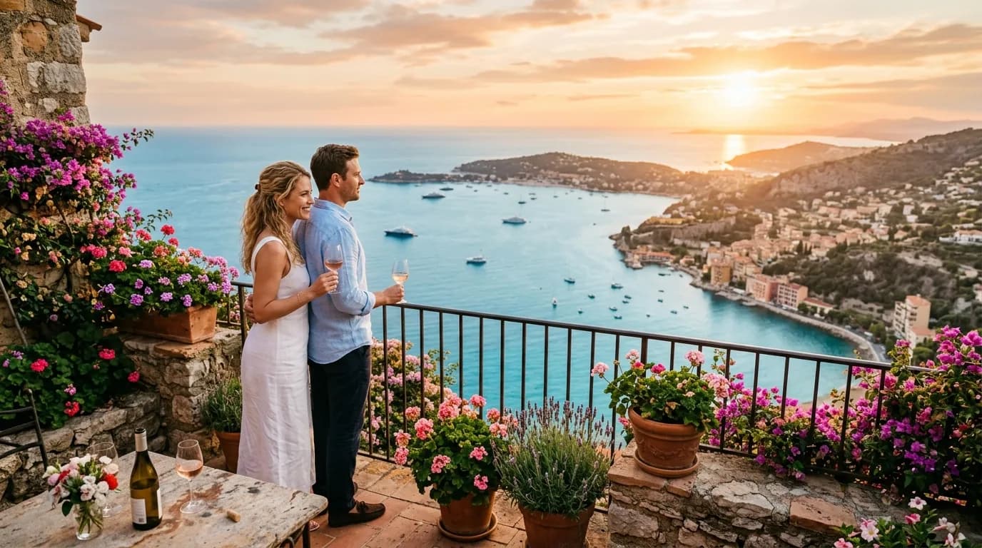 A romantic French Riviera coastal view at sunset with a couple on a terrace above the sea