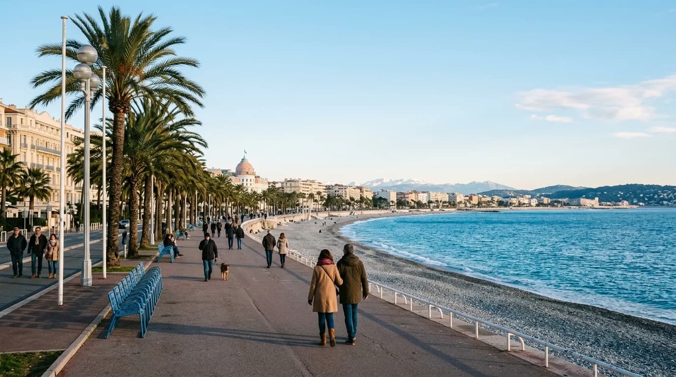 The Promenade des Anglais in Nice on a clear winter day with palm trees and the blue Mediterranean