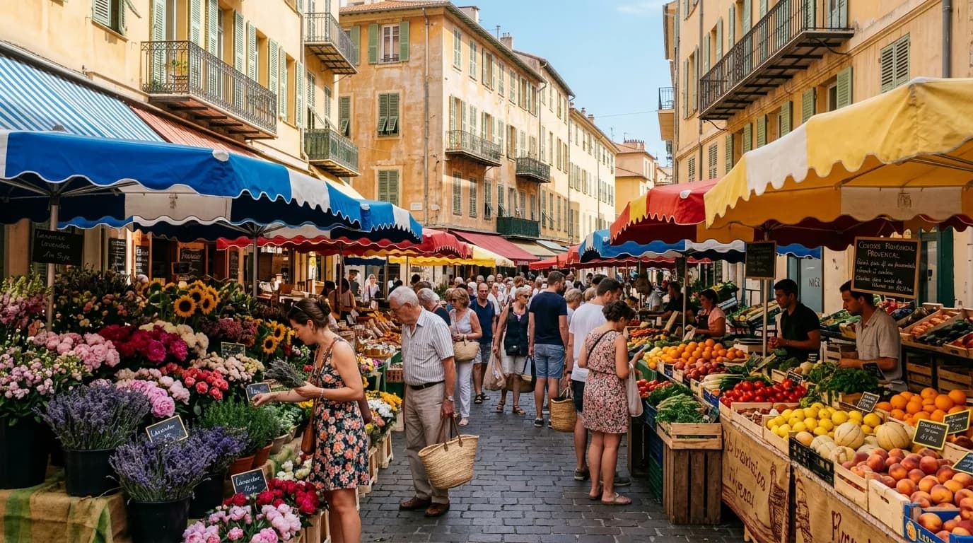The colourful open-air Cours Saleya flower and produce market in Nice with striped awnings