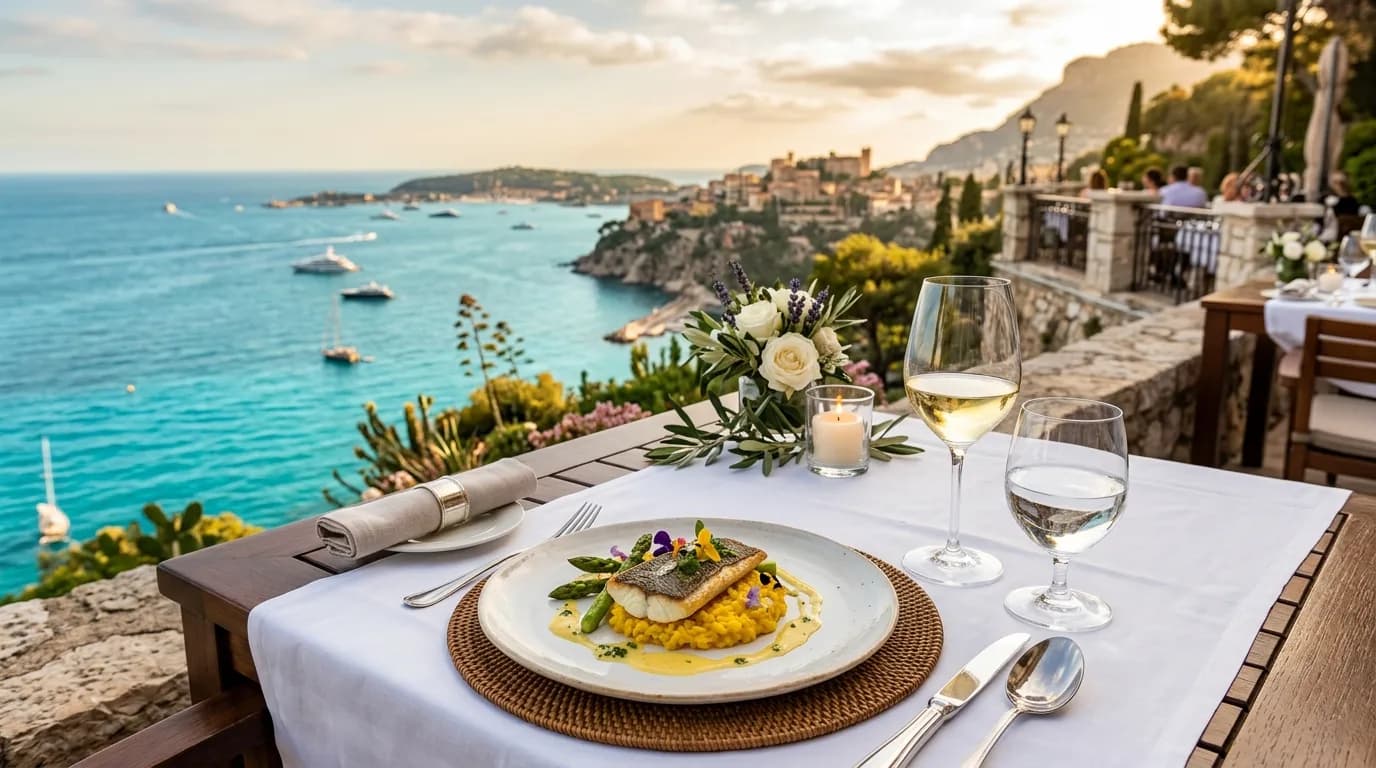 An elegant fine-dining table setting with a Mediterranean sea view on the French Riviera