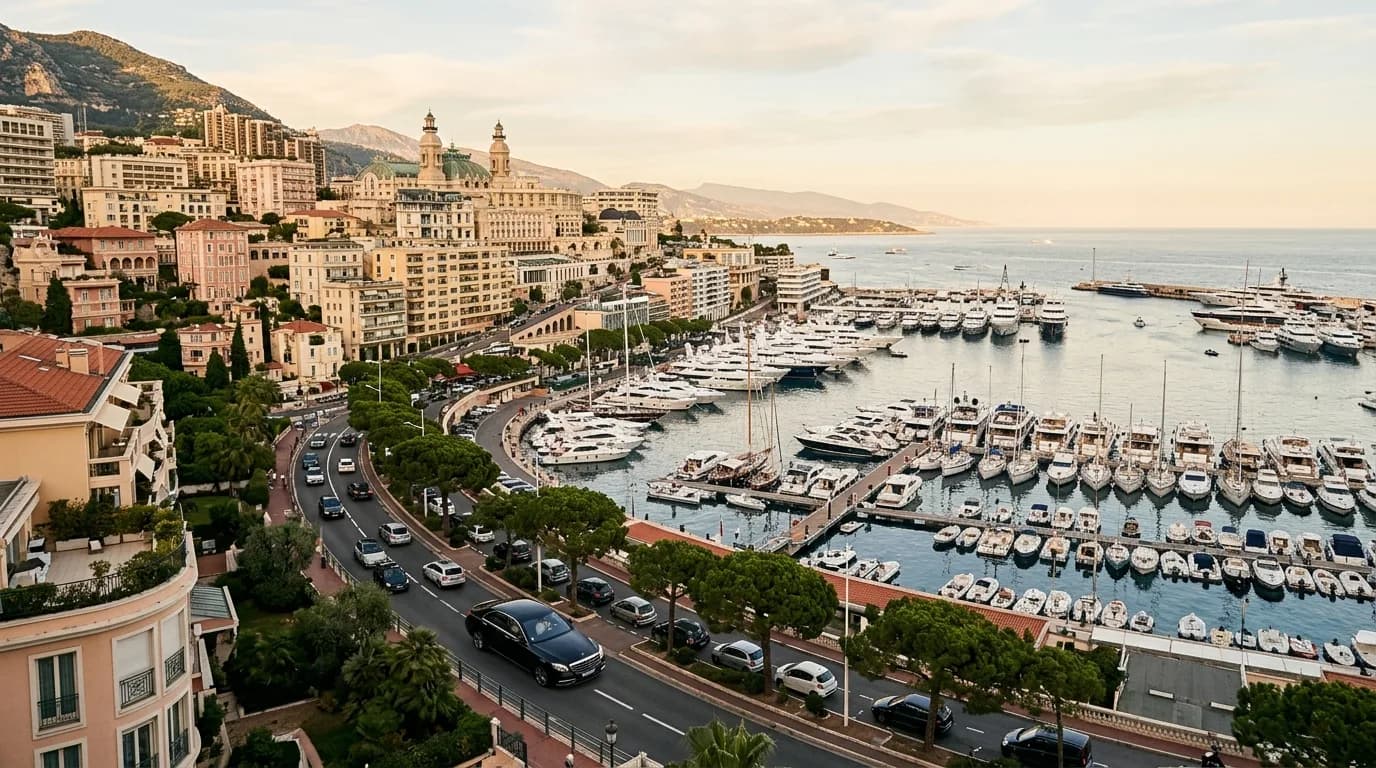 The harbour and Monte-Carlo skyline of Monaco with superyachts and the casino district at golden hour