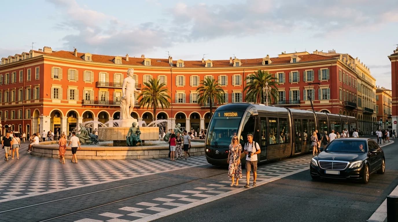 The Place Masséna in Nice with its red arcaded buildings, tram and fountain at golden hour