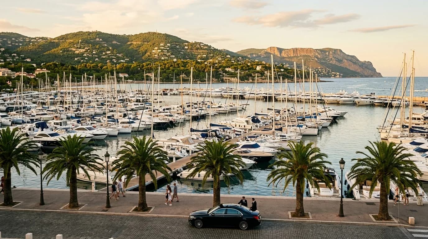 Yachts moored in the marina of Golfe-Juan with green hills and Cap d'Antibes behind