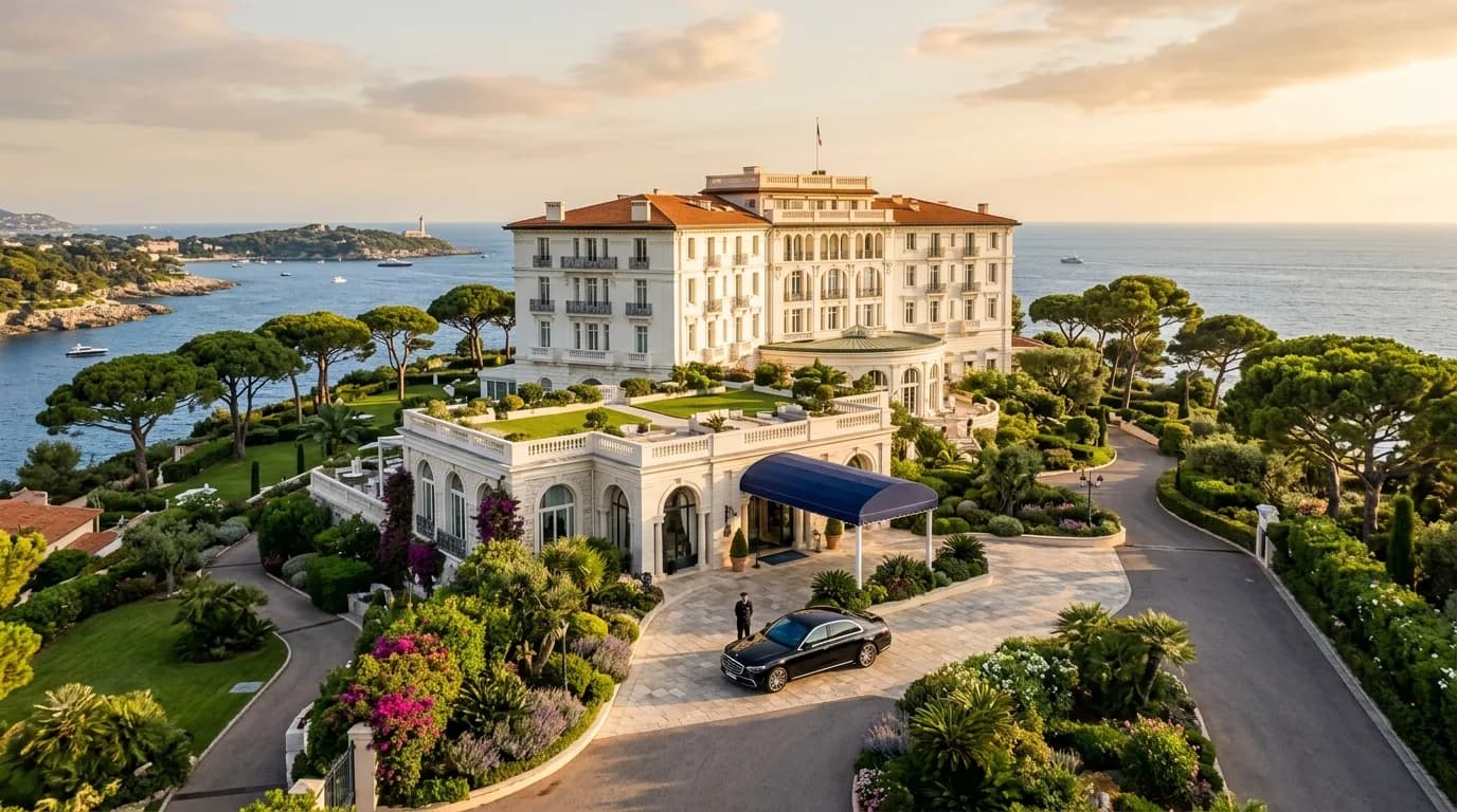 A grand white palace hotel among gardens and pines above the sea at Saint-Jean-Cap-Ferrat