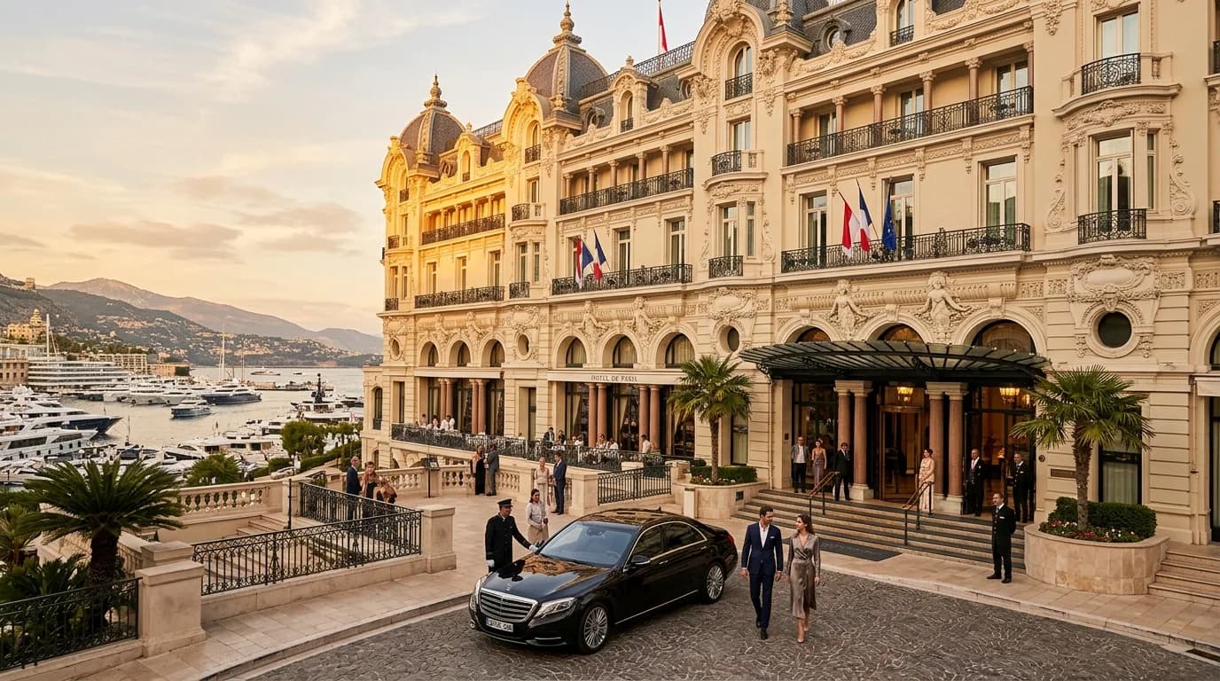 A grand Belle Époque palace hotel overlooking the harbour in Monte-Carlo at golden hour