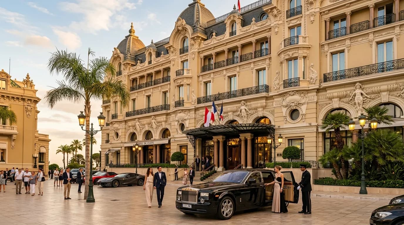 The grand Belle Époque facade of a palace hotel on the Casino Square in Monte-Carlo at golden hour