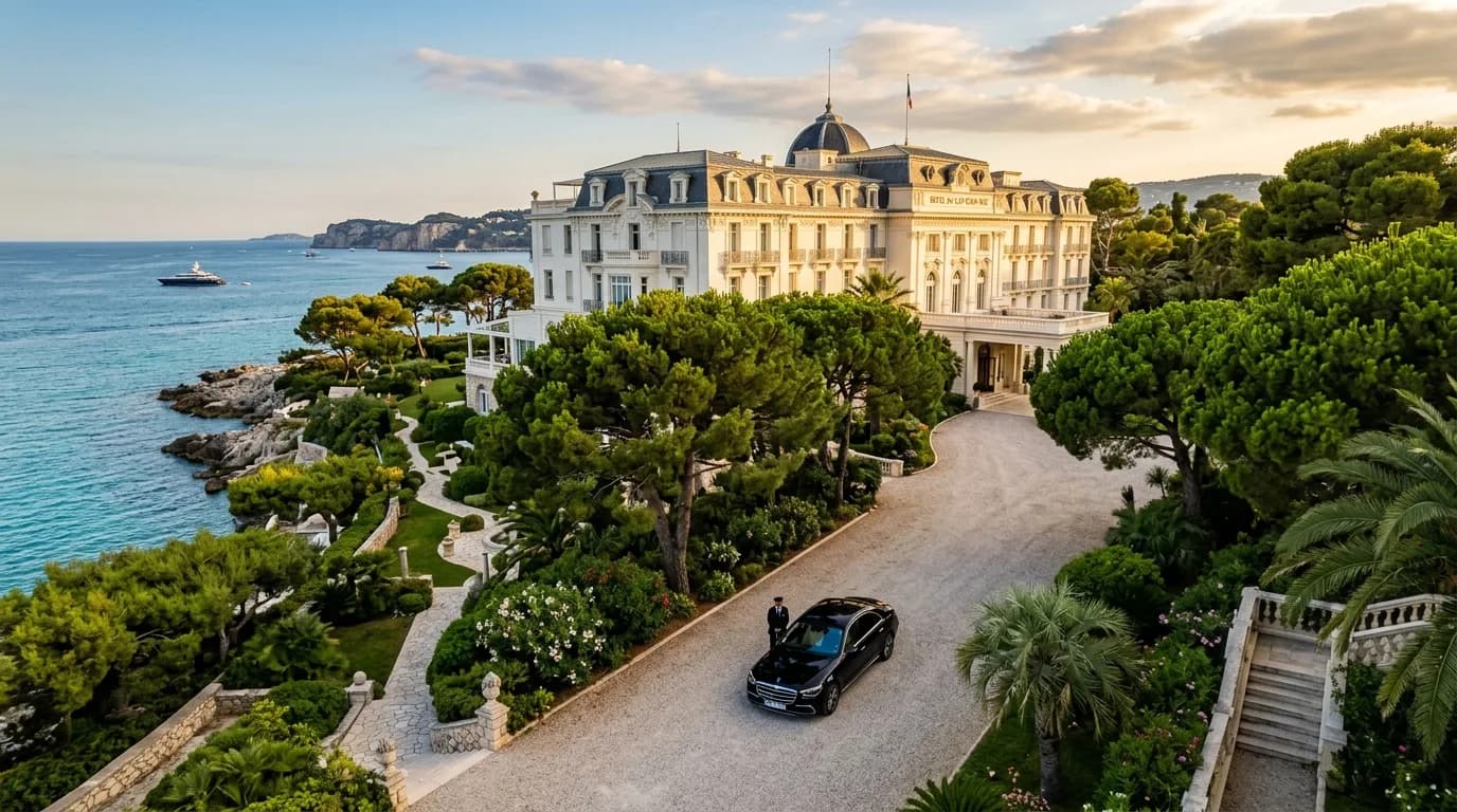 A grand white hotel in pine gardens on the tip of Cap d'Antibes above the turquoise sea