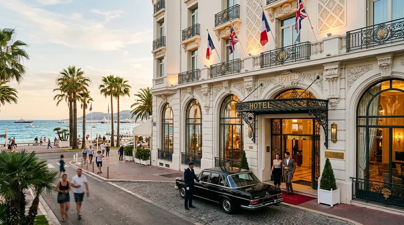 The Art Deco facade of a palace hotel on the Croisette in Cannes with palm trees