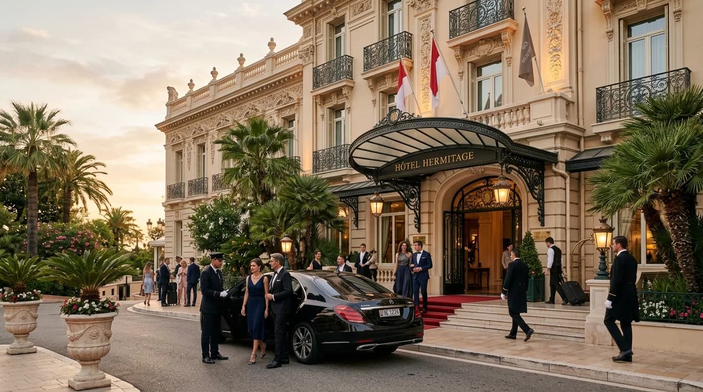An elegant Belle Époque hotel entrance in the Carré d'Or district of Monte-Carlo