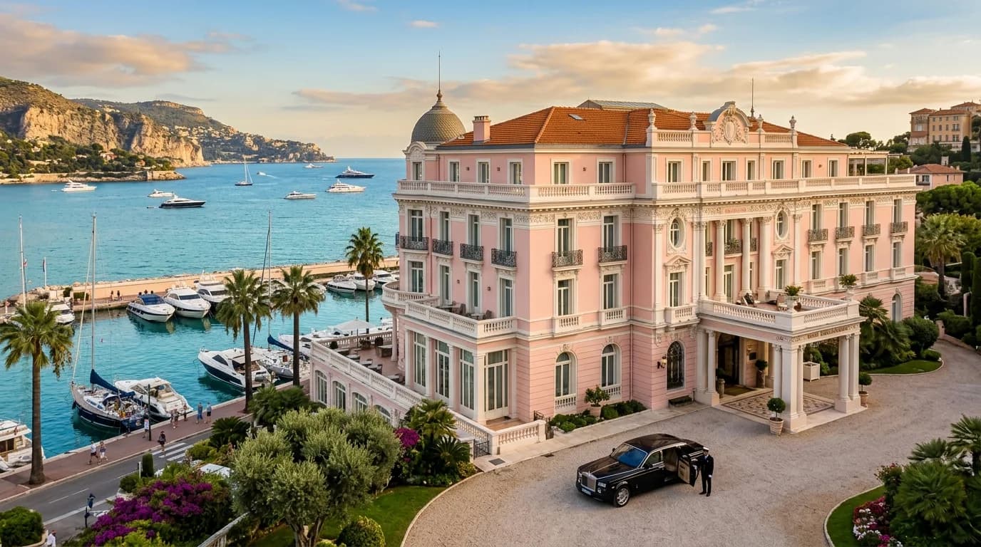 A grand pink Italianate palace hotel on the seafront at Beaulieu-sur-Mer with a harbour