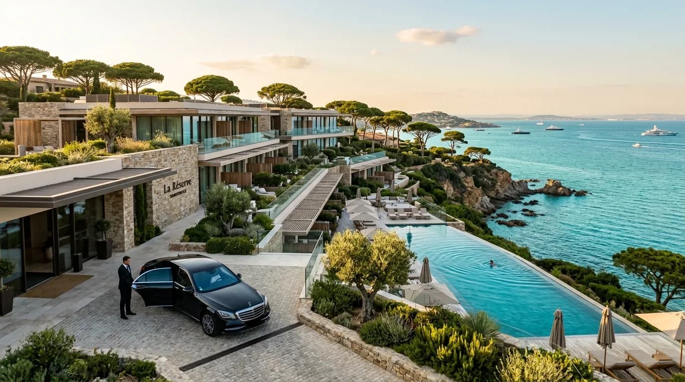 A contemporary clifftop hotel with an infinity pool above the sea near Ramatuelle