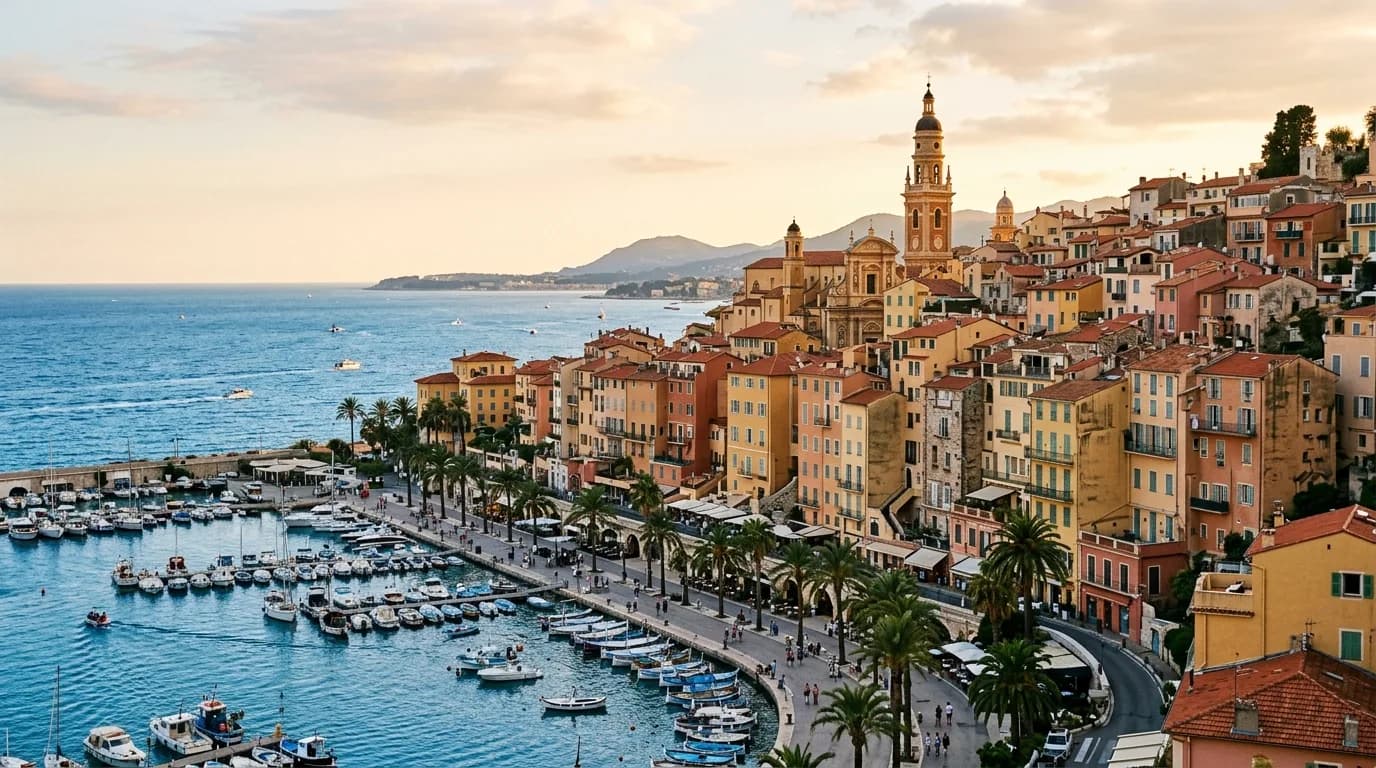 The pastel Italianate old town of Menton climbing to the Basilica Saint-Michel bell tower