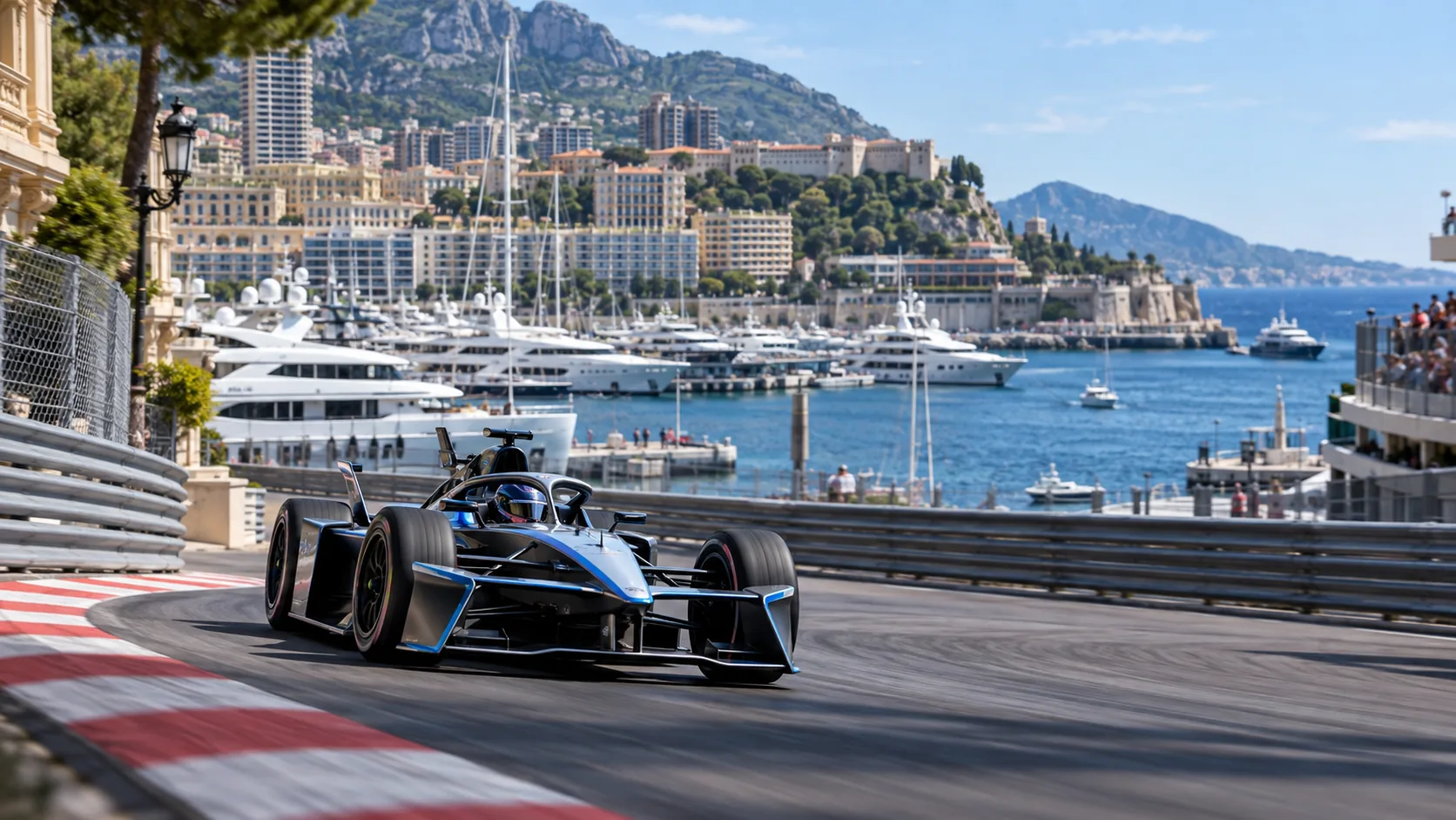 Electric single-seater race car on the Monaco street circuit above Port Hercule