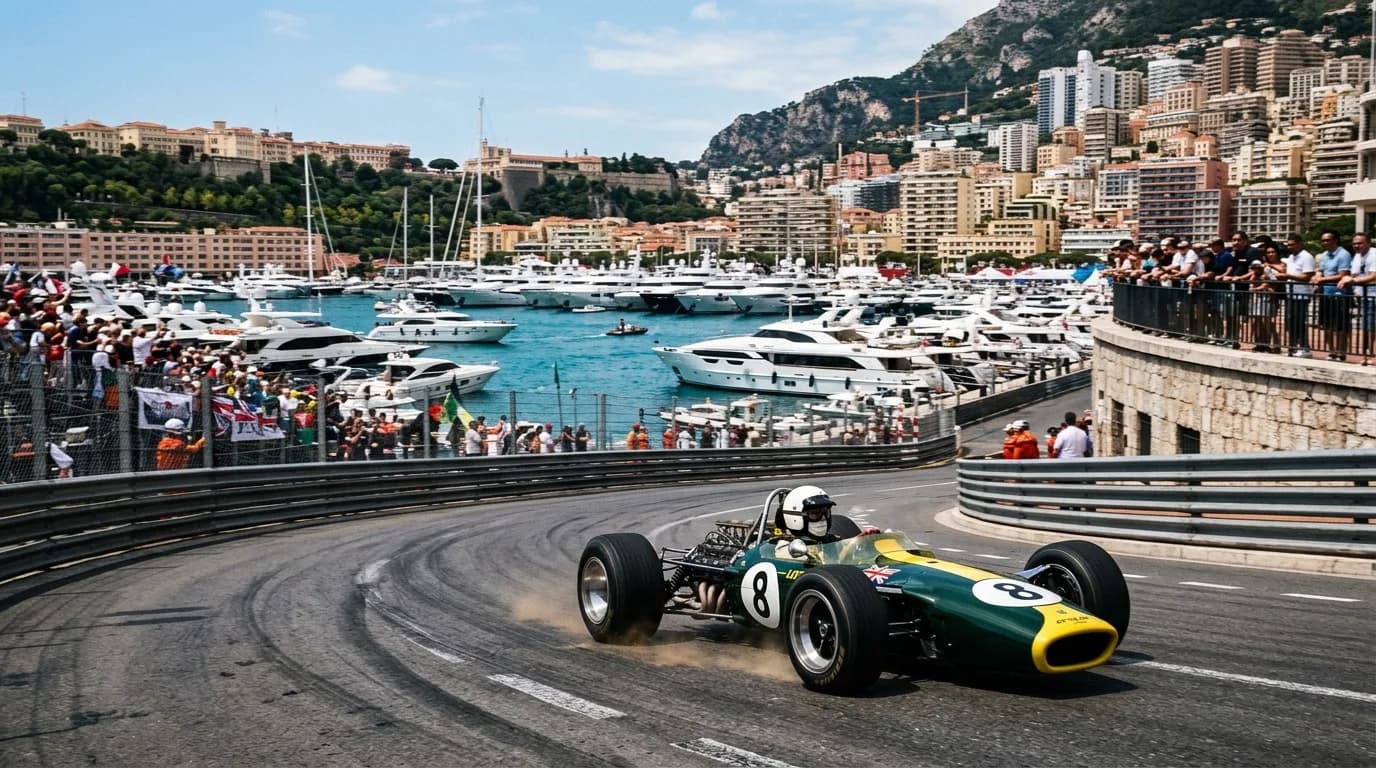 A vintage Formula 1 car on the Monaco street circuit along the harbour with yachts behind