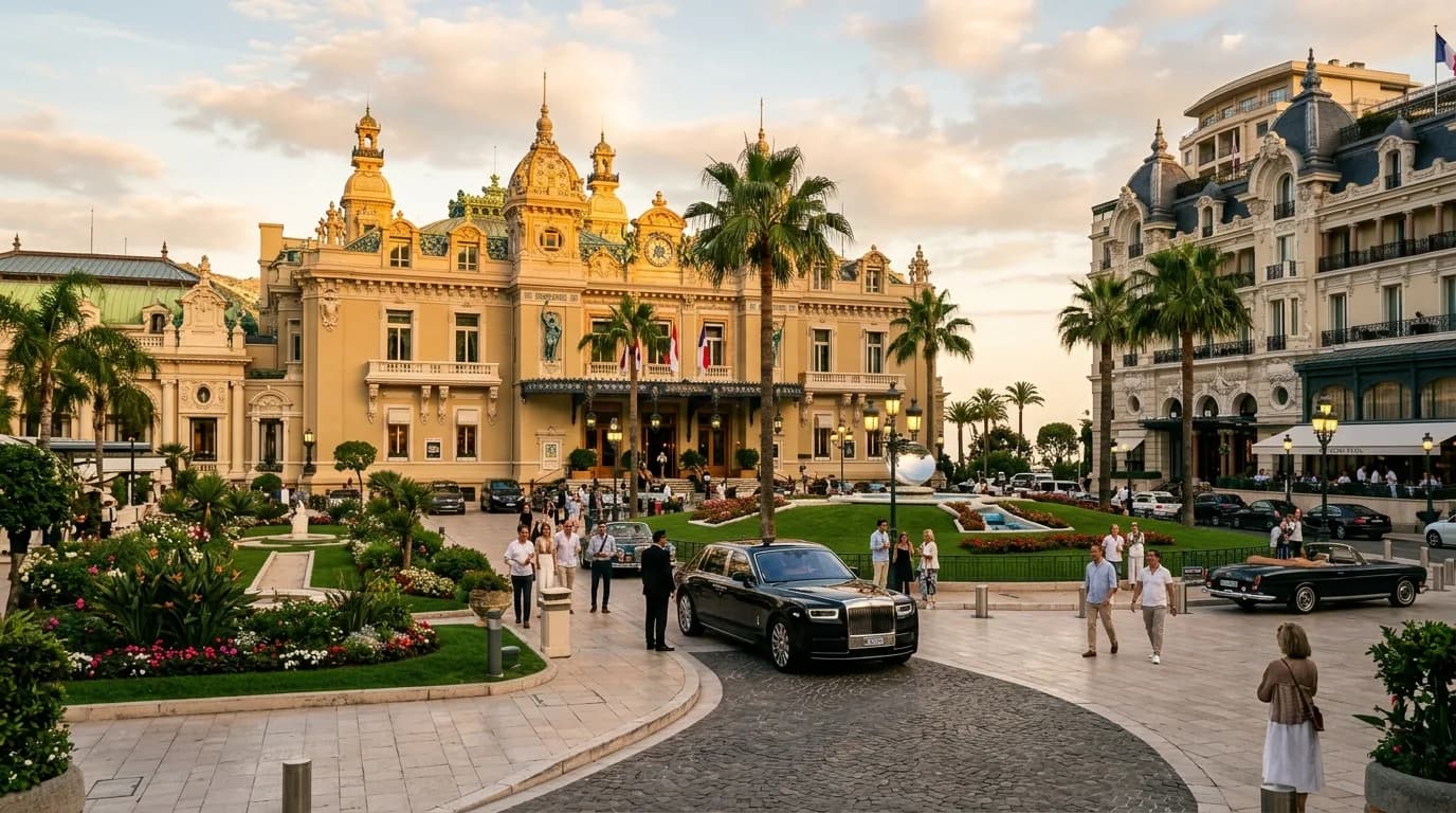 The Place du Casino in Monte-Carlo with the belle-époque casino building at golden hour