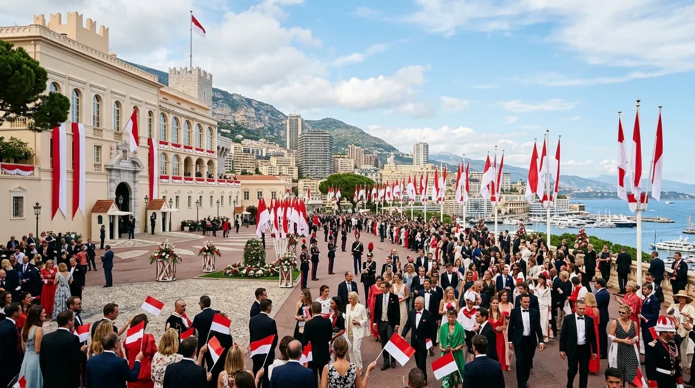 Red and white Monaco flags lining a decorated Monte-Carlo square on Monaco National Day