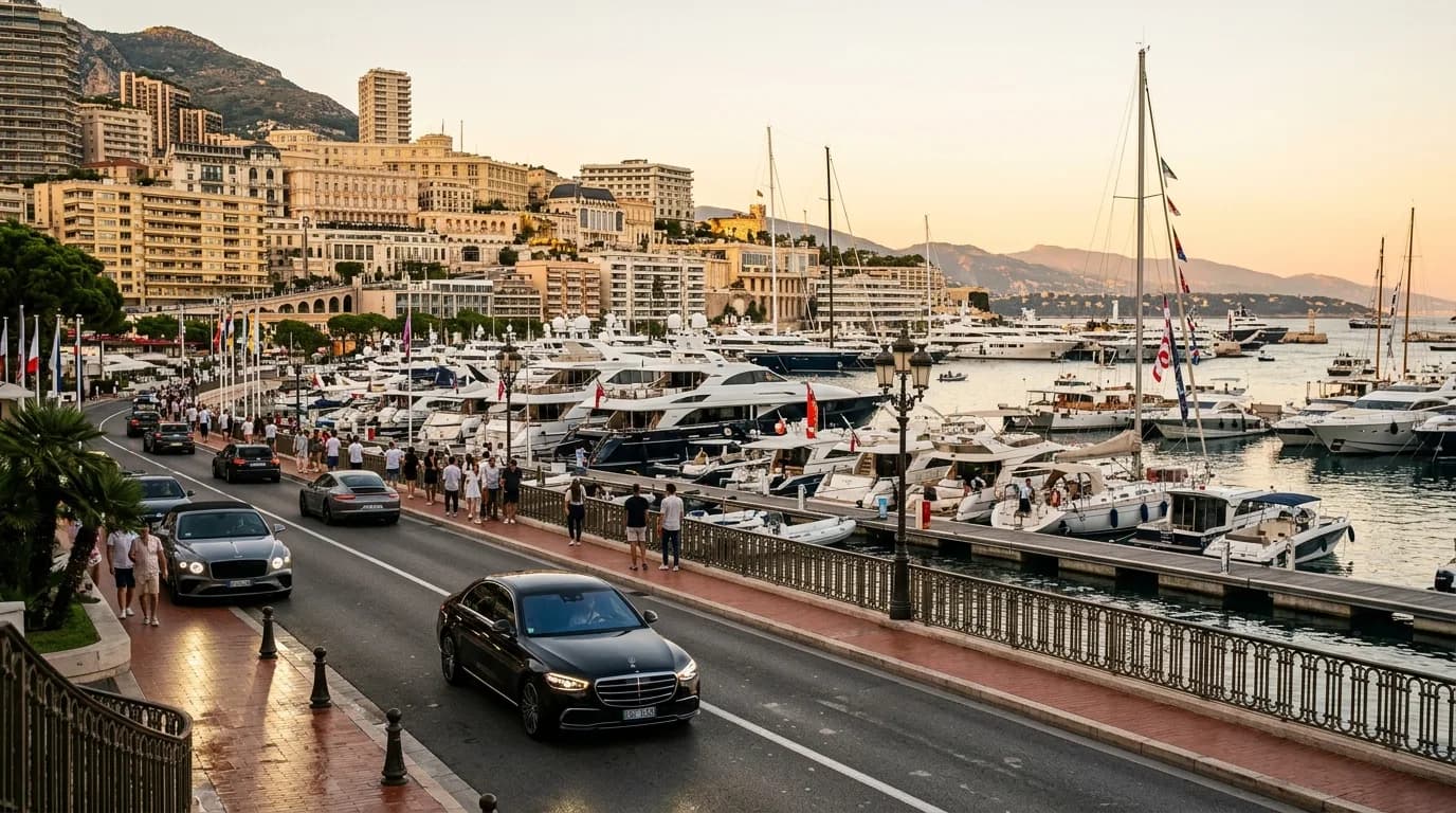Superyachts in Port Hercule Monaco with the Monte-Carlo skyline and palace rock behind