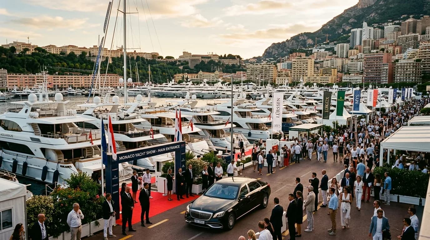Superyachts and crowds at Port Hercule in Monaco during a major yacht show at dusk