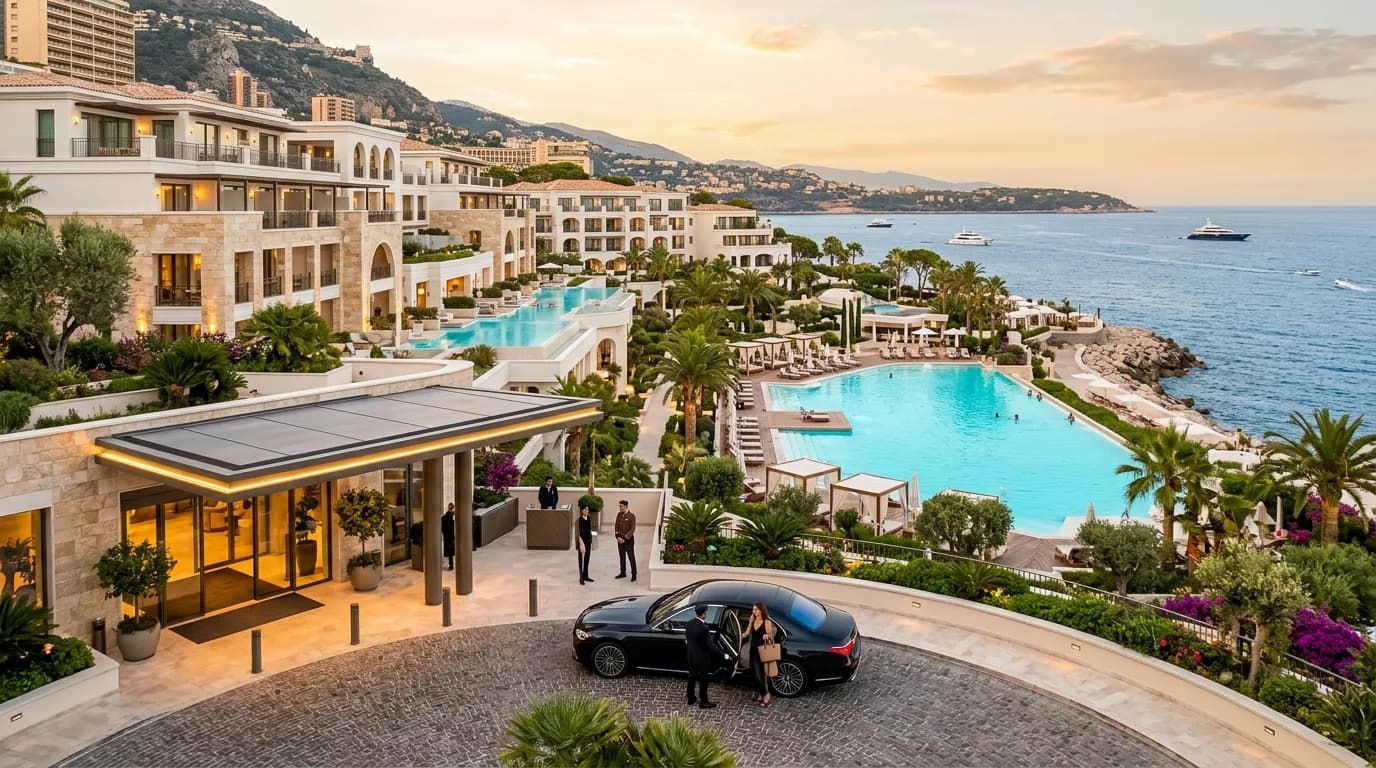 A contemporary Mediterranean resort hotel in Monaco with a turquoise swimming lagoon