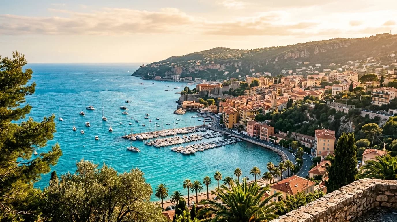 A panoramic view of the French Riviera coast with a town and the turquoise Mediterranean