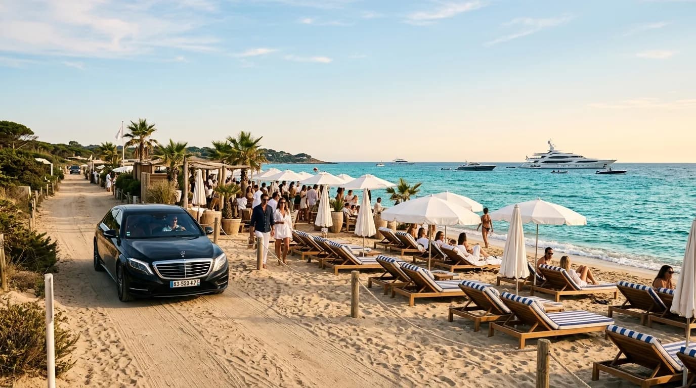 A chic Pampelonne beach club near Saint-Tropez with loungers on golden sand and a yacht offshore