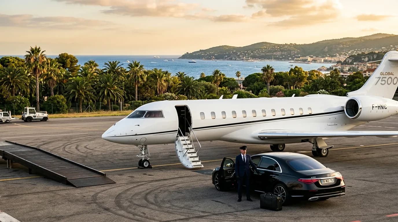 A private jet on the tarmac at Nice with a black luxury sedan and chauffeur waiting beside it