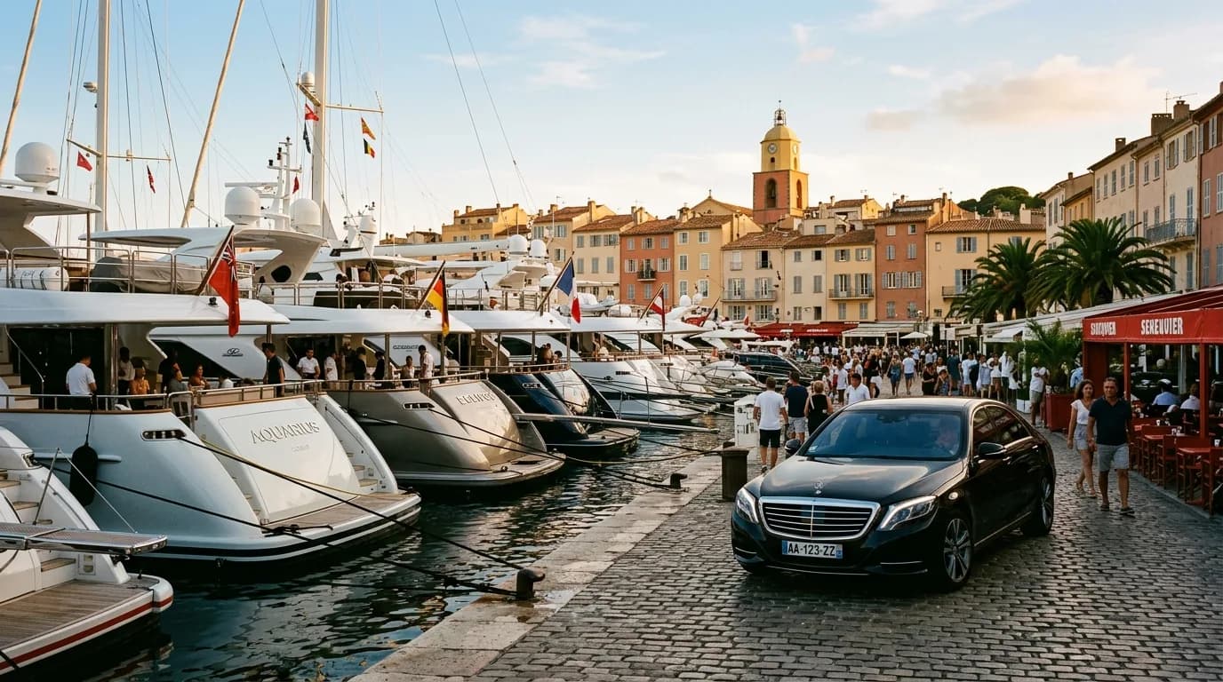 Superyachts moored stern-to along the old port of Saint-Tropez with pastel houses behind
