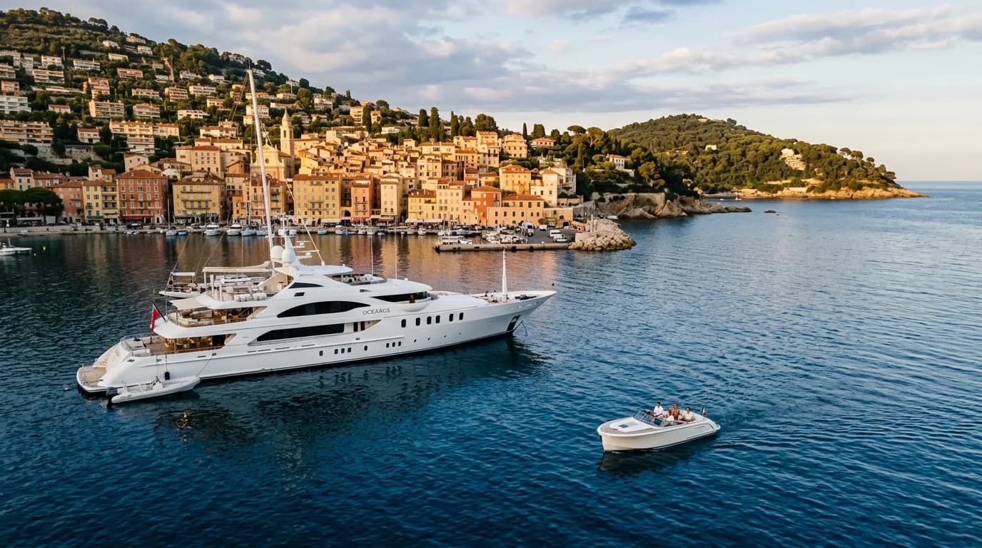 A superyacht anchored in the deep blue bay of Villefranche-sur-Mer with the old town behind