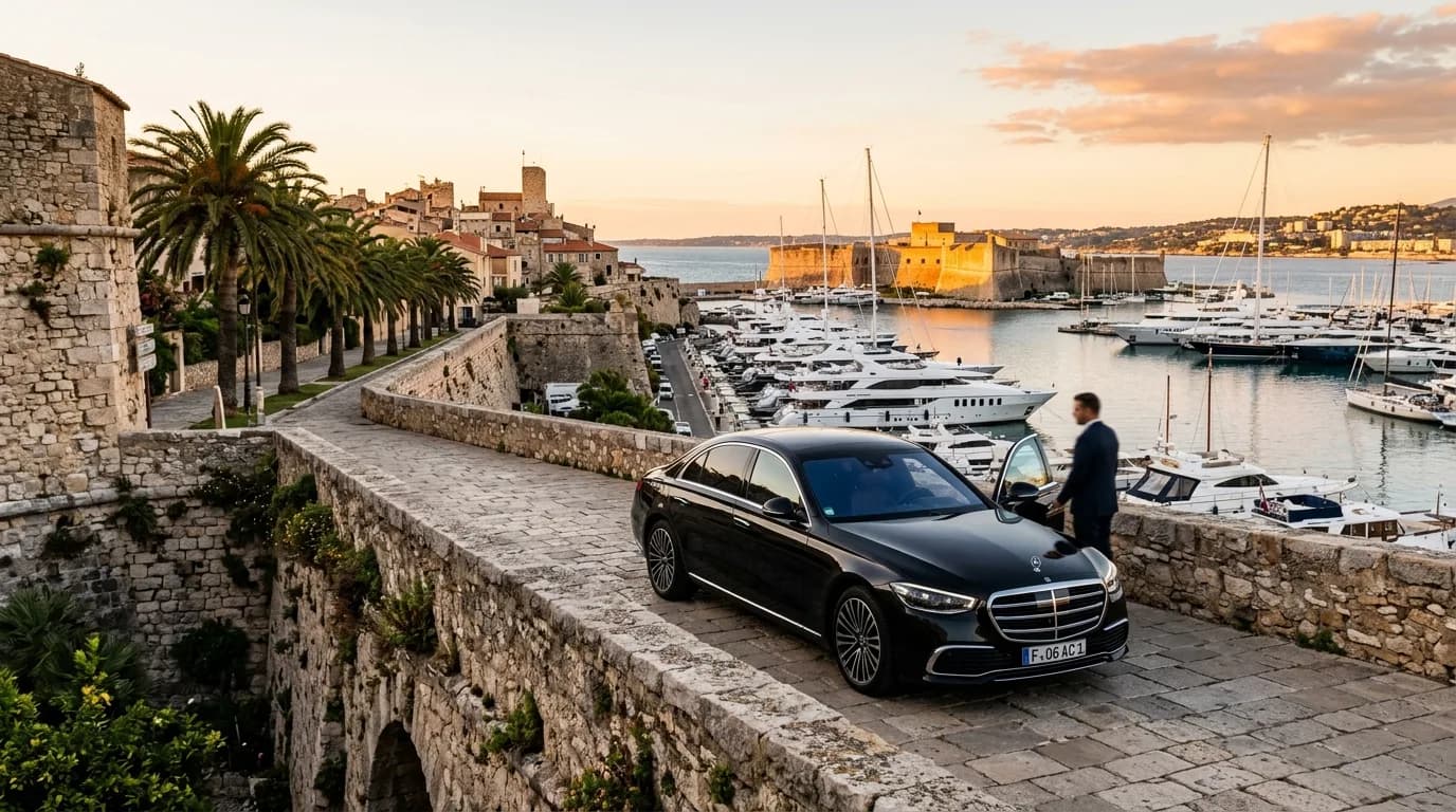 Private chauffeur transfer to Antibes with a black Mercedes by the ramparts