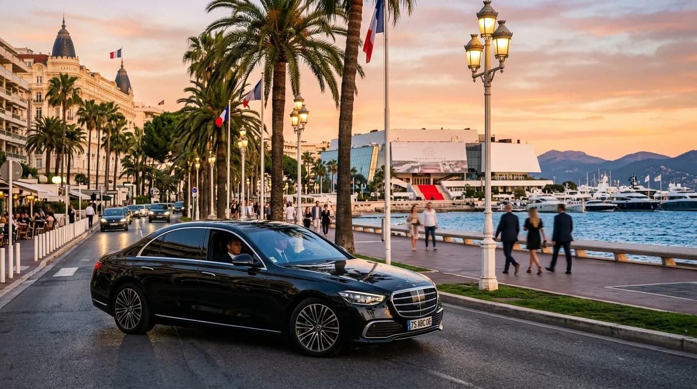 Private chauffeur transfer to Cannes with a black Mercedes on the Croisette