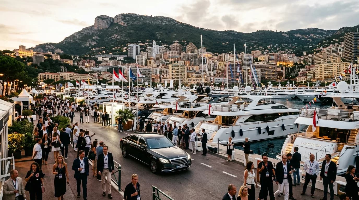 Monaco Yacht Show transport with superyachts in Port Hercule and a black Mercedes