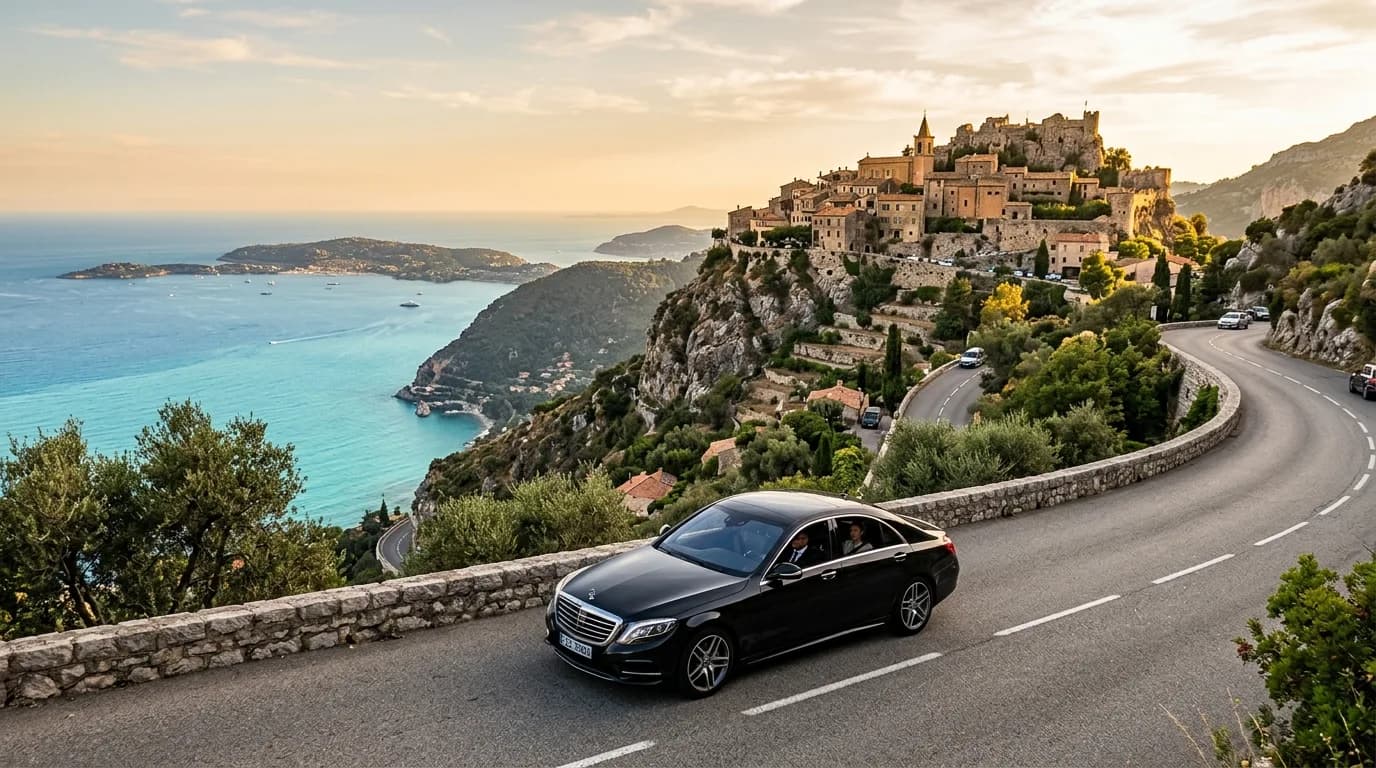 Private chauffeur transfer to Èze with a black Mercedes on the corniche