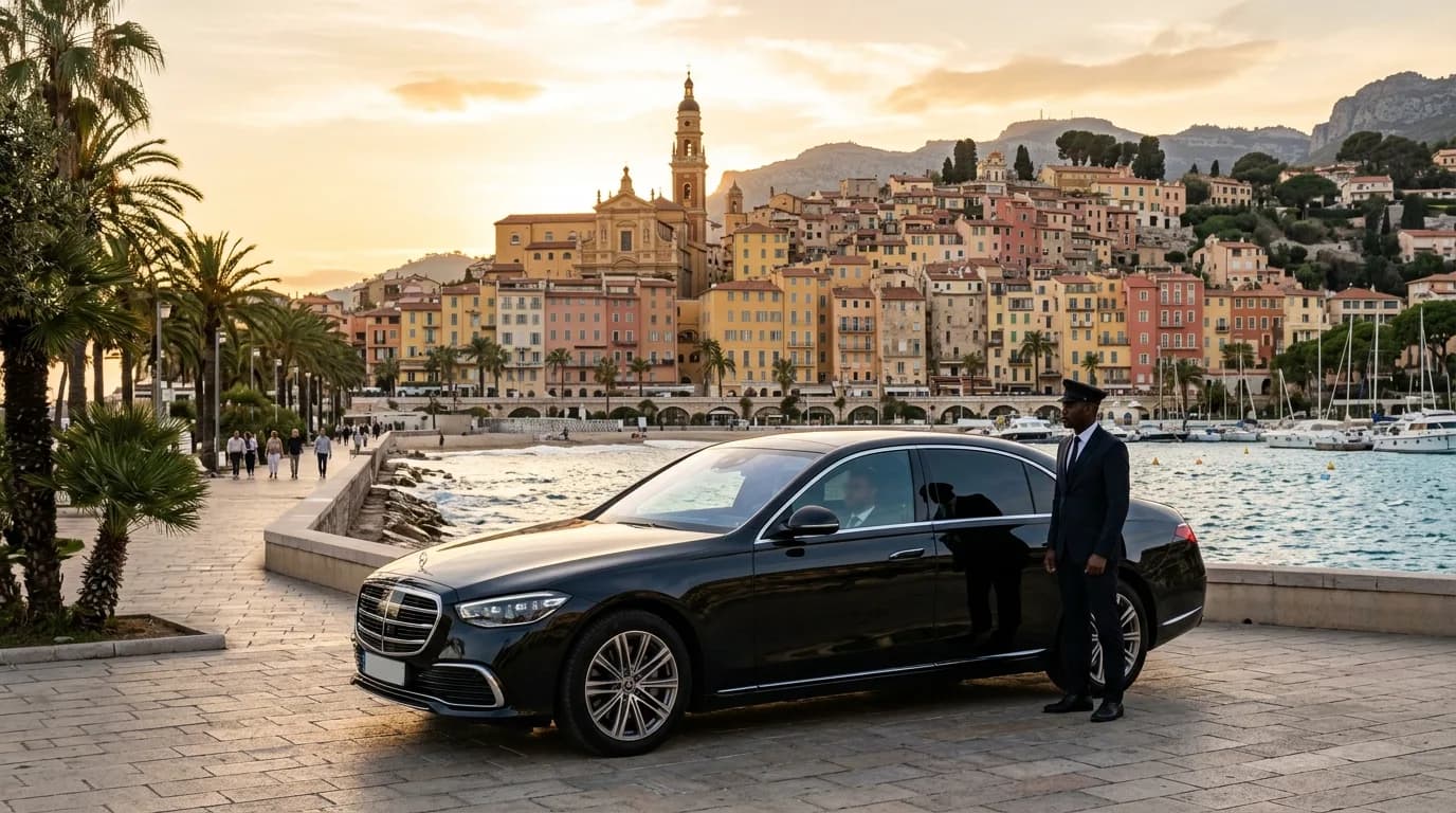 Private chauffeur transfer to Menton with a black Mercedes on the seafront