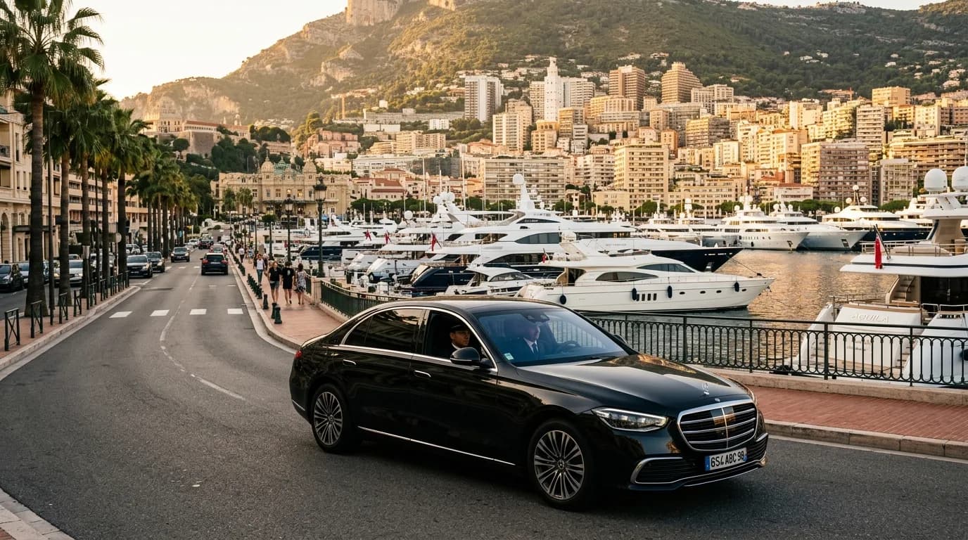 Private chauffeur transfer to Monaco with a black Mercedes on the harbour