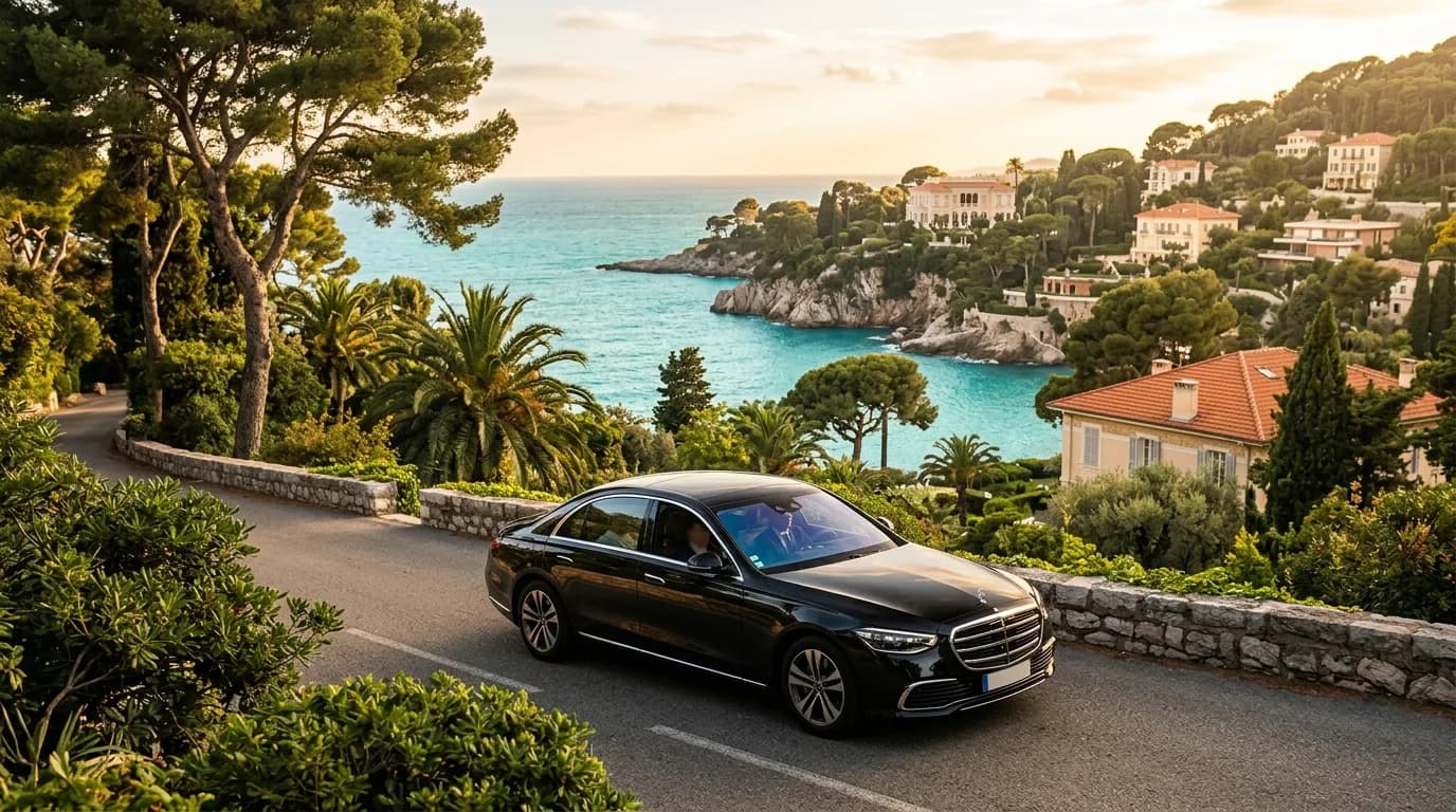 Private chauffeur transfer to Cap-Ferrat with a black Mercedes among the villas